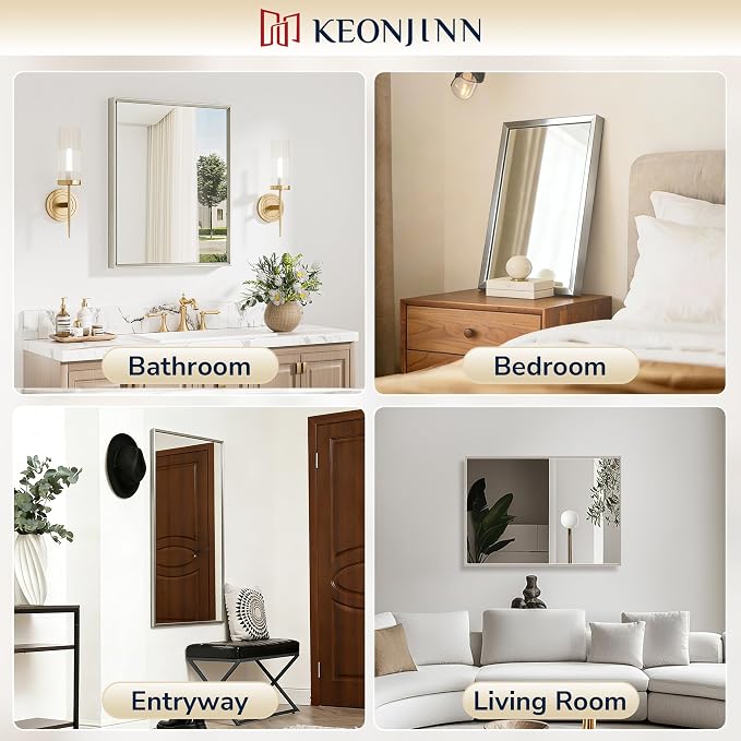 Keonjinn 24 x 32 Inch Brushed Nickel Bathroom Mirror, Beveled Rectangle Framed - Image 6