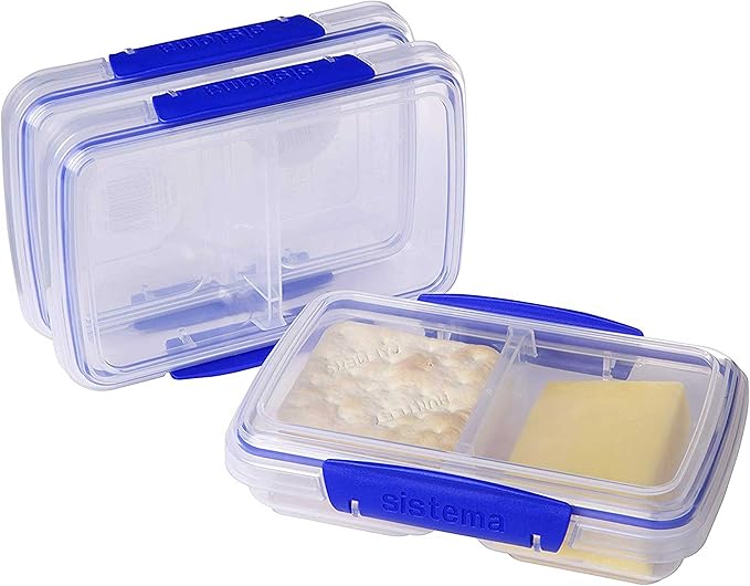 Sistema 3-Piece Food Storage Containers with 2 Compartments and Lids for Meal Prep, Dishwasher Safe, 11.8oz, Clear/Blue