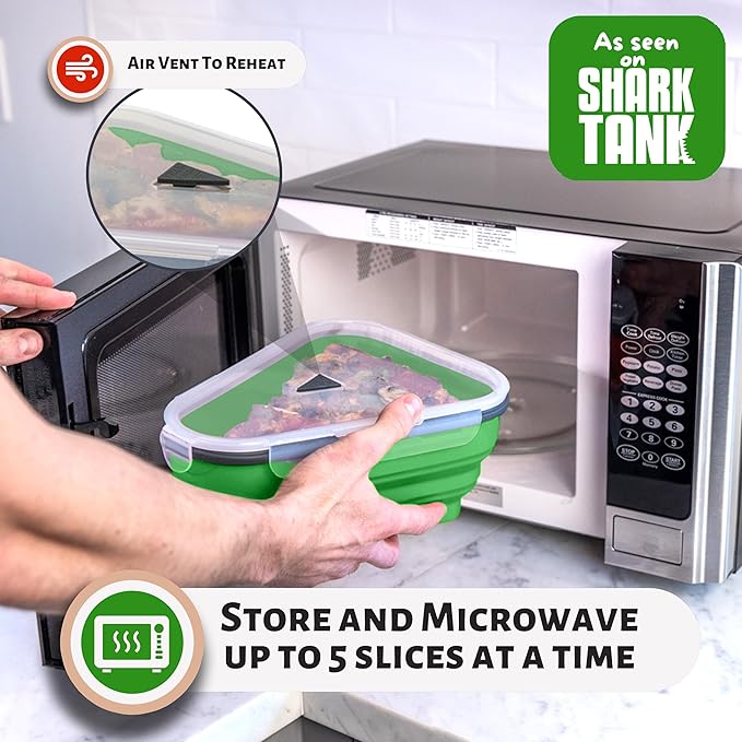 PIZZA PACK The Perfect Reusable Pizza Storage Container with 5 Microwavable Serving Trays - BPA-Free Adjustable Pizza Slice Container to Organize & Save Space, 3 Pack, Green