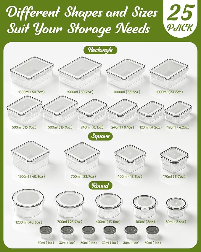 50 Piece Food Storage Containers with Lids(25 Containers & 25 Lids), BPA-Free Plastic Food Containers for Kitchen Storage and Organization, Leak Proof Meal Prep Container, Includes Labels & Pen