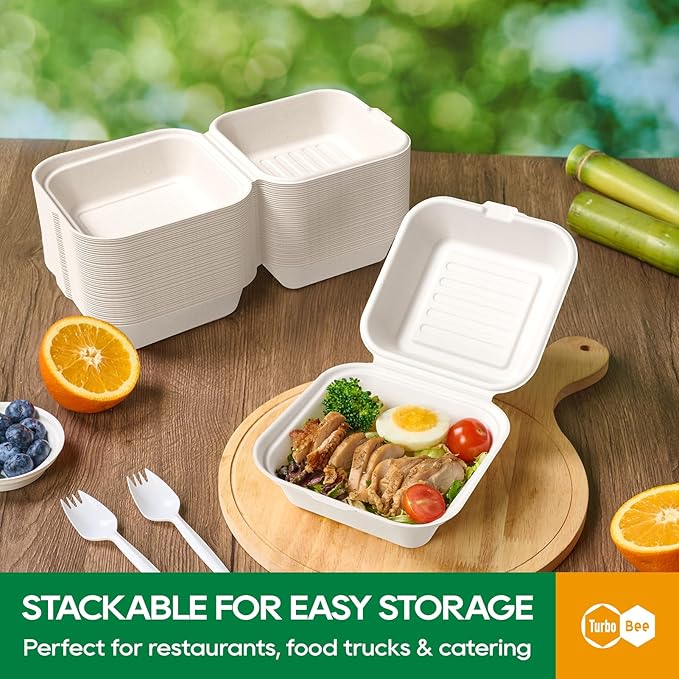 Turbo Bee 200 Pack 6x6inch White Take Out Containers with Lids, Small Disposable Clamshell Food Containers for Lunch, Sides, Snacks, Restaurant, Catering & Food Service