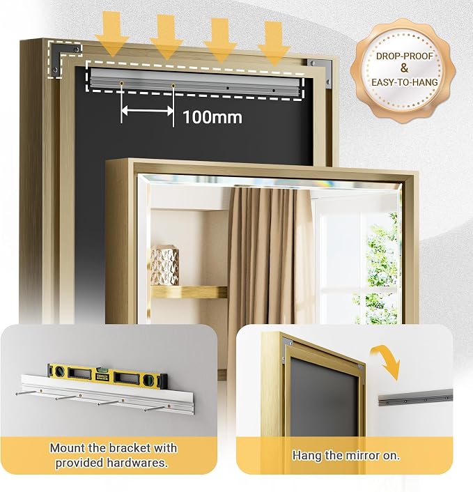 60 x 36 Gold Bathroom Mirror, Brushed Gold Beveled Bathroom Mirror, - Image 4