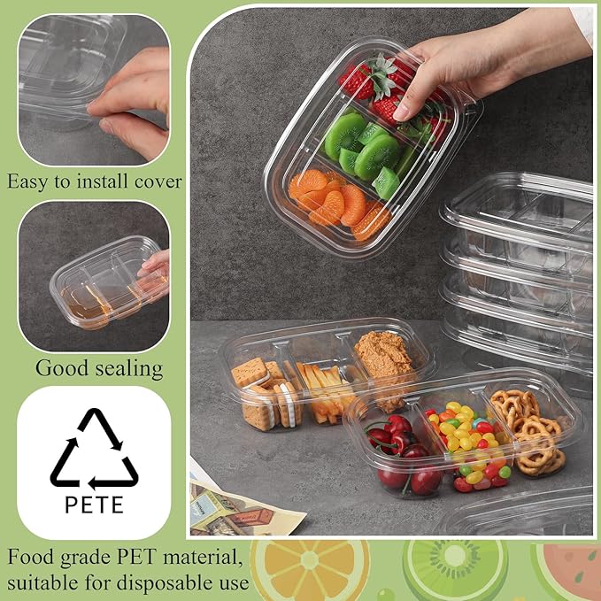 Chunful 36 Pcs 3 Compartment Transparent Snack Containers with Lids Disposable Bento Box Plastic Food Meal Prep Containers for Condiment Salad Dipping School Work Lunch