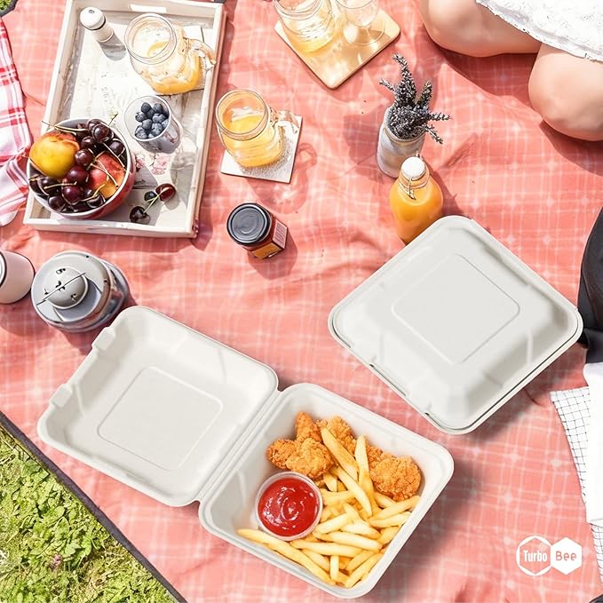 Turbo Bee 100 Pack 8x8inch White Compostable Take Out Containers with Lids, Disposable Clamshell Food Containers, Large To Go Boxes for Restaurant, Catering, Meal Prep & Food Service-White