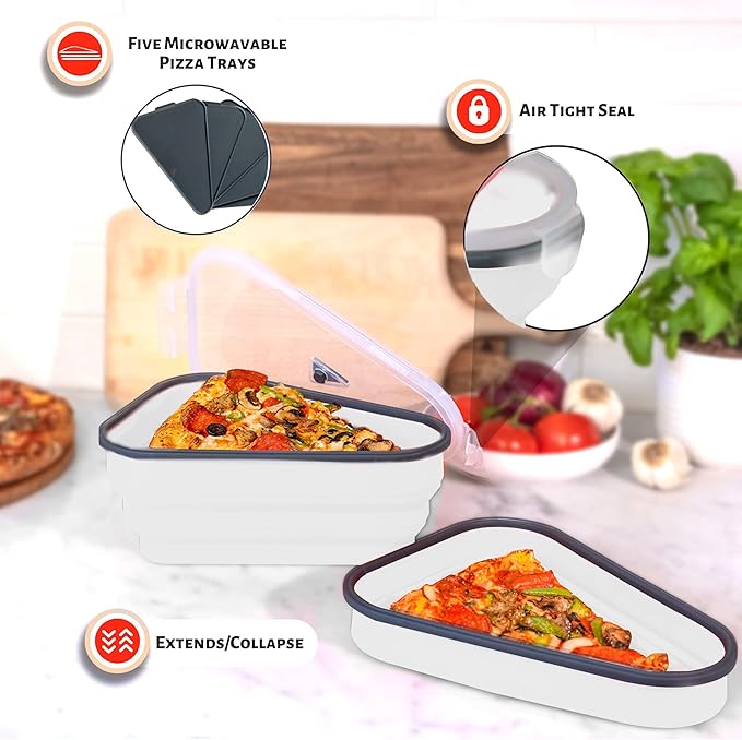 The Perfect Pizza Pack™ - Reusable Pizza Storage Container with 5 Microwavable Serving Trays - BPA-Free Adjustable Pizza Slice Container to Organize & Save Space, White