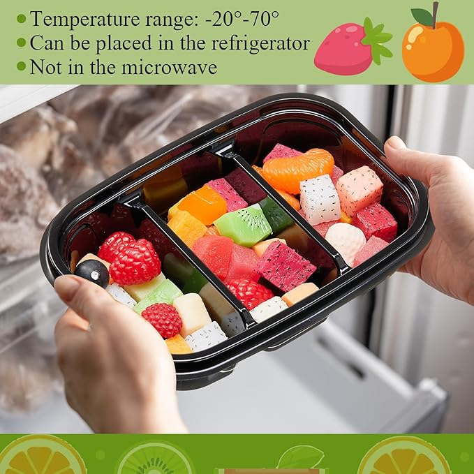 Chunful 36 Pcs 3 Compartment Black Snack Containers with Lids Disposable Bento Box Plastic Food Meal Prep Containers for Condiment Salad Dipping School Work Lunch