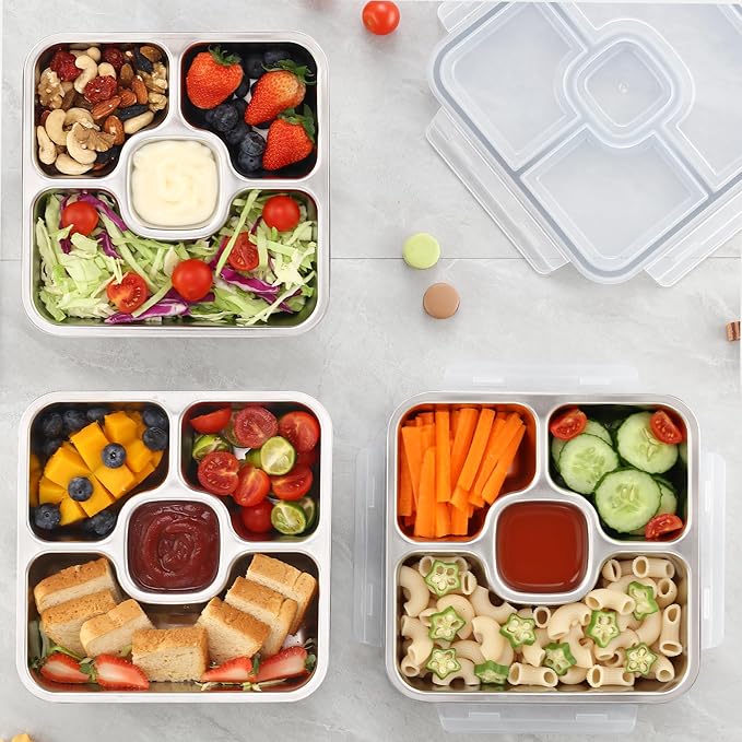 BEFOY Stainless Steel Snack Containers with Lids 4 Pack Lunchable Meal Prep Containers Reusable Meal Prep Lunch Containers for Adult Divided Stackable Bento Lunch Box for Home Travel (3, Gray, Large)