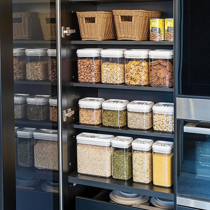 Felli Flip Tite Food Storage Container 5" LARGE 5pk Set + No Residue Label, Airtight Lid Easy Lock Top Stackable, Plastic Canister Jar for Pantry Kitchen Fridge Organizer Pasta Protein Powder Spice