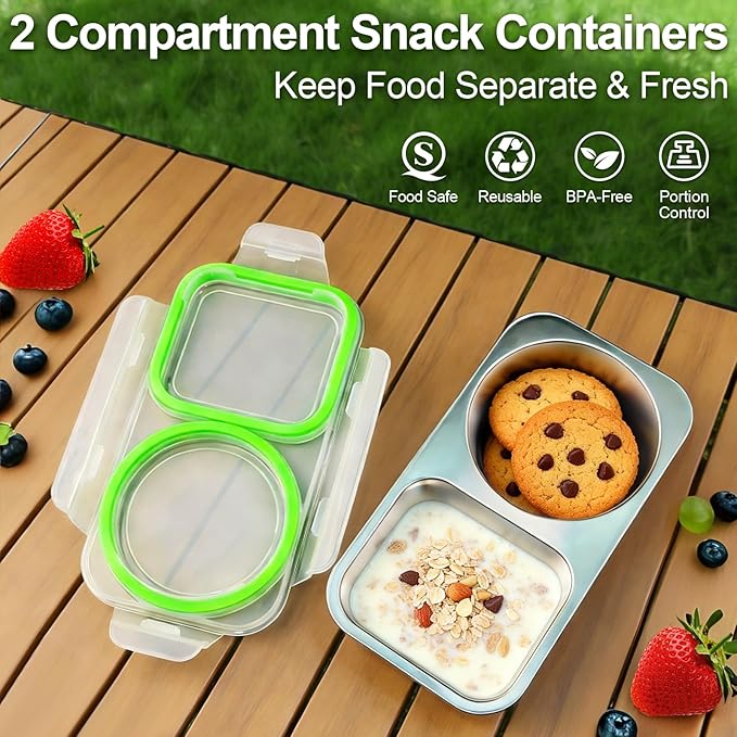 4 Pack Stainless Steel Snack Containers with Lids, 13oz 2 Compartment Reusable Snack Boxes, Leakproof Metal Bento Lunch Box Divided Food Storage Containers for Travel, Home, Work