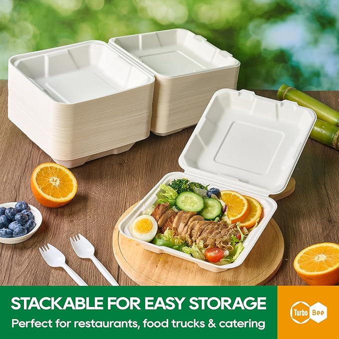 Turbo Bee 100 Pack 8x8inch White Compostable Take Out Containers with Lids, Disposable Clamshell Food Containers, Large To Go Boxes for Restaurant, Catering, Meal Prep & Food Service-White
