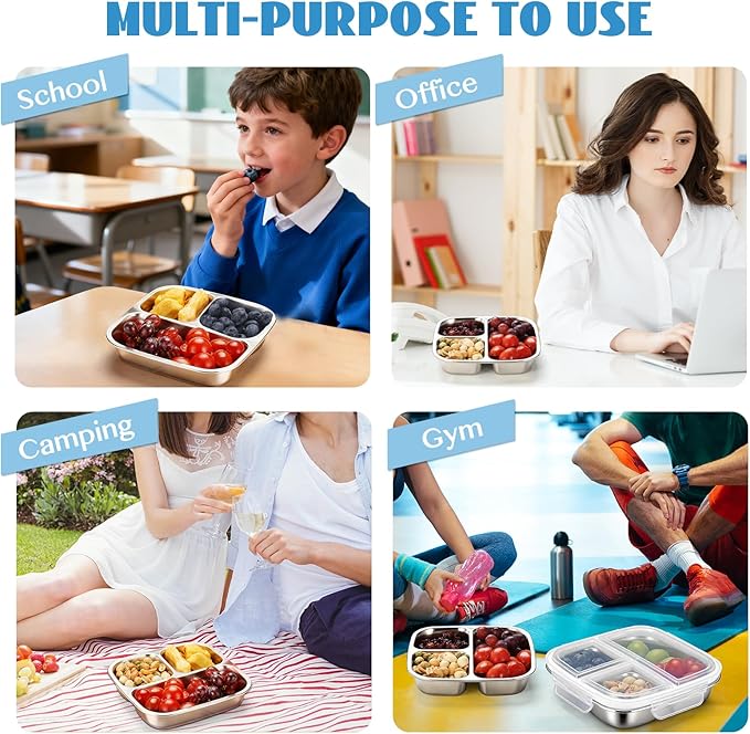 2 Pack Stainless Steel Snack Containers, 3 Compartments Reusable on the go Bento Box with Lids for Kids, Lunch Box Pre Meal Storage for School Outdoor Camping Travel - White & Blue