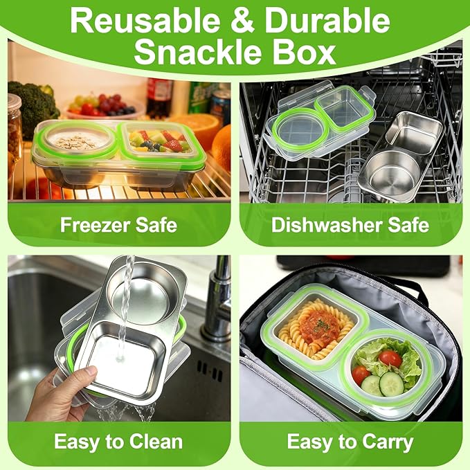 4 Pack Stainless Steel Snack Containers with Lids, 13oz 2 Compartment Reusable Snack Boxes, Leakproof Metal Bento Lunch Box Divided Food Storage Containers for Travel, Home, Work
