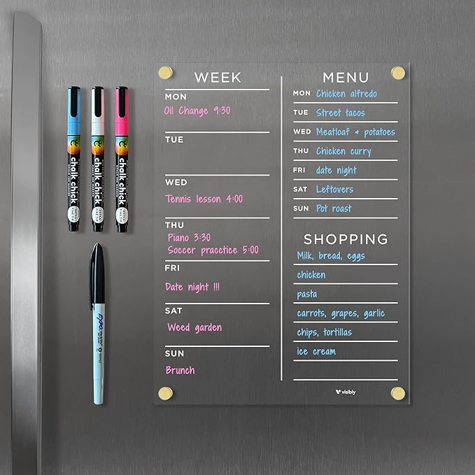 Magnetic Acrylic Meal Planner, Menu & Shopping List Board for Fridge, 9” x 12” Clear Refrigerator Organizer, Includes 4 Magnetic Wet-Erase Markers, Silver Corner Magnets