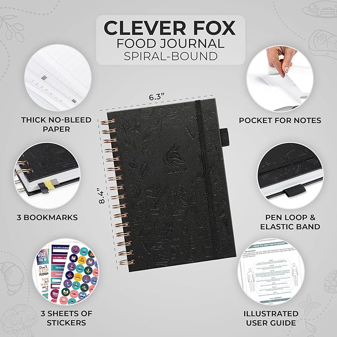 Clever Fox Food Journal Spiral - Daily Food Diary, Meal Prep Planner to Track Calories & Nutrients, Weight Loss Tracker Notebook (Black)