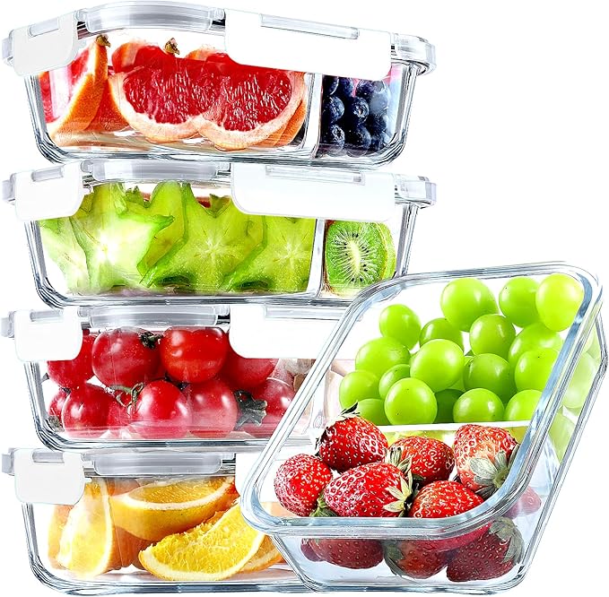 VERONES 5 Pack Glass Meal Prep Containers 2 Compartment Set, 36OZ Airtight Lunch Containers, Glass Food Storage Containers with Lids, for Microwave, Oven, Freezer & Dishwasher Friendly,White