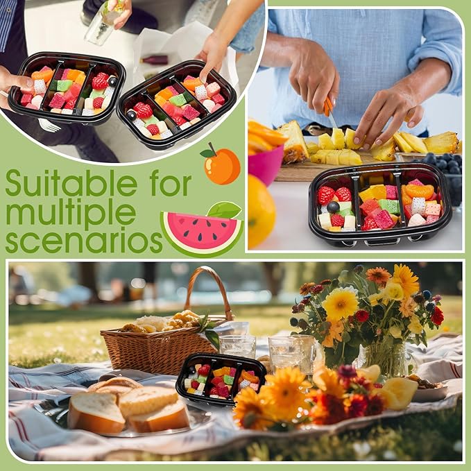 Chunful 36 Pcs 3 Compartment Black Snack Containers with Lids Disposable Bento Box Plastic Food Meal Prep Containers for Condiment Salad Dipping School Work Lunch