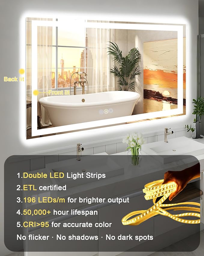 24x30 LED Bathroom Mirror with Lights, Super Bright Front & Backlit Vanity - Image 8