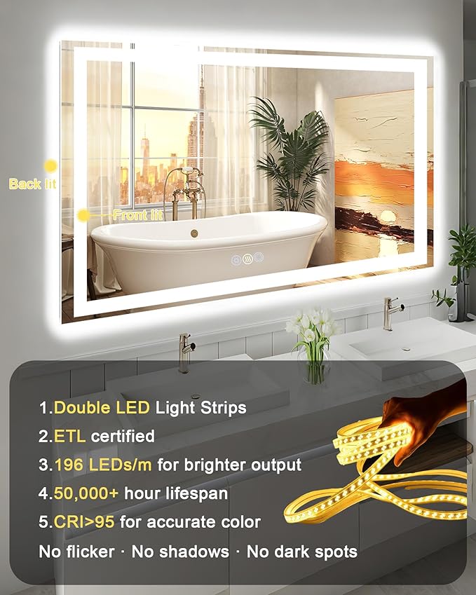 60x36 LED Bathroom Mirror with Lights, Super Bright Front & Backlit Vanity - Image 8