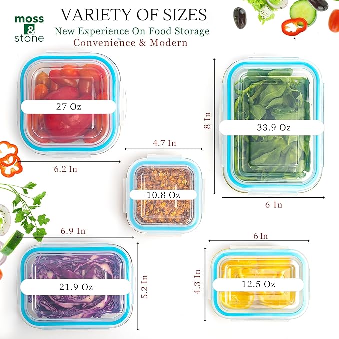Moss & Stone 10-Piece Borosilicate Glass Meal Prep Containers – 100% Leak-Proof Snap-Lock Lids, Airtight & BPA-Free – Freezer, Microwave & Oven Safe (Glass Only) – Stackable/Nestable Food Storage Set