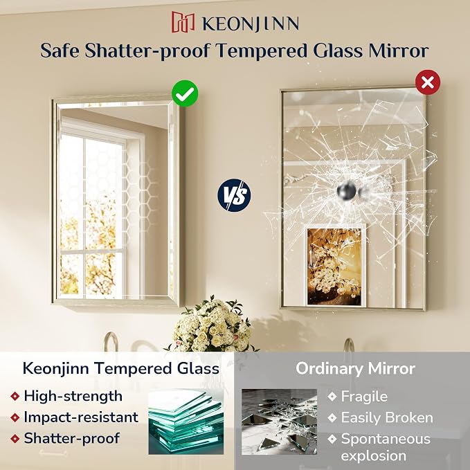 Keonjinn Brushed Nickel Bathroom Mirror 24" x 36", Sculpted Wide Frame - Image 6