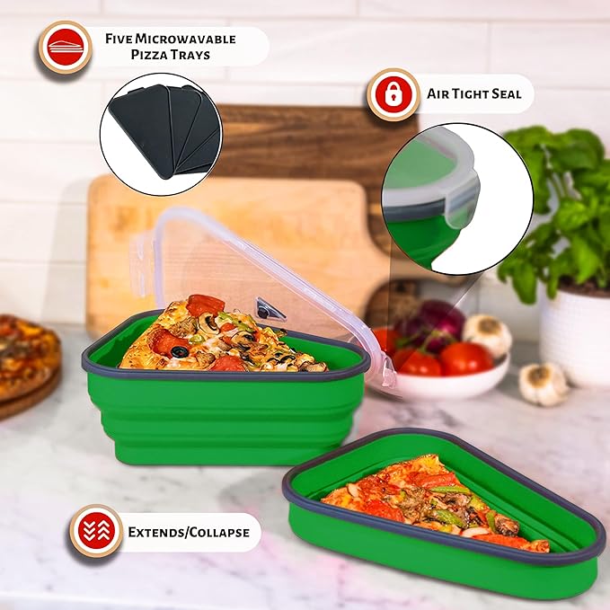 PIZZA PACK The Perfect Reusable Pizza Storage Container with 5 Microwavable Serving Trays - BPA-Free Adjustable Pizza Slice Container to Organize & Save Space, 3 Pack, Green
