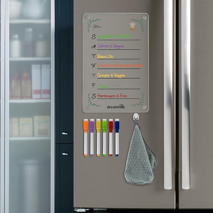 Acrylic Magnetic Menu Planner for Refrigerator – Dry Erase Board for Fridge with Markers, Clear Weekly Meal Planning Board, Kitchen Organizer for Grocery & Shopping List