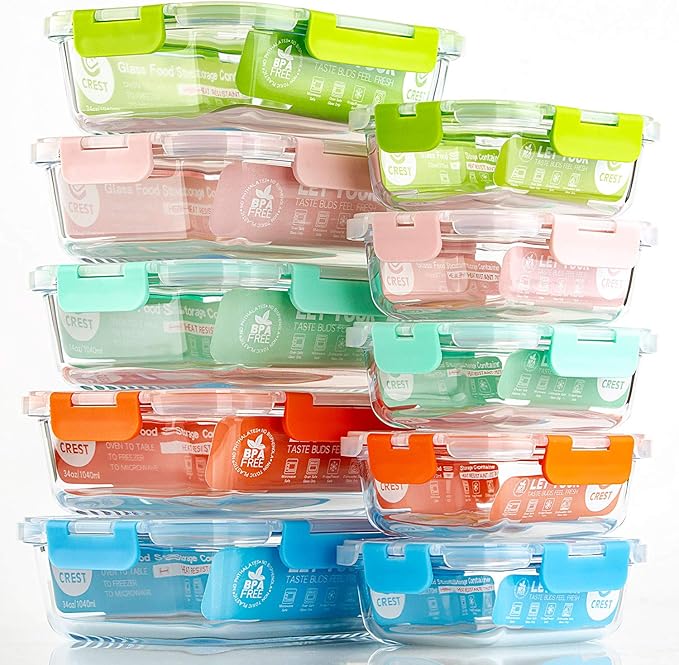 C CREST [10-Pack Glass Food Storage Containers (A Set of Five Colors), Meal Prep Containers with Lids for Kitchen, Home Use - Airtight Glass Lunch Boxes