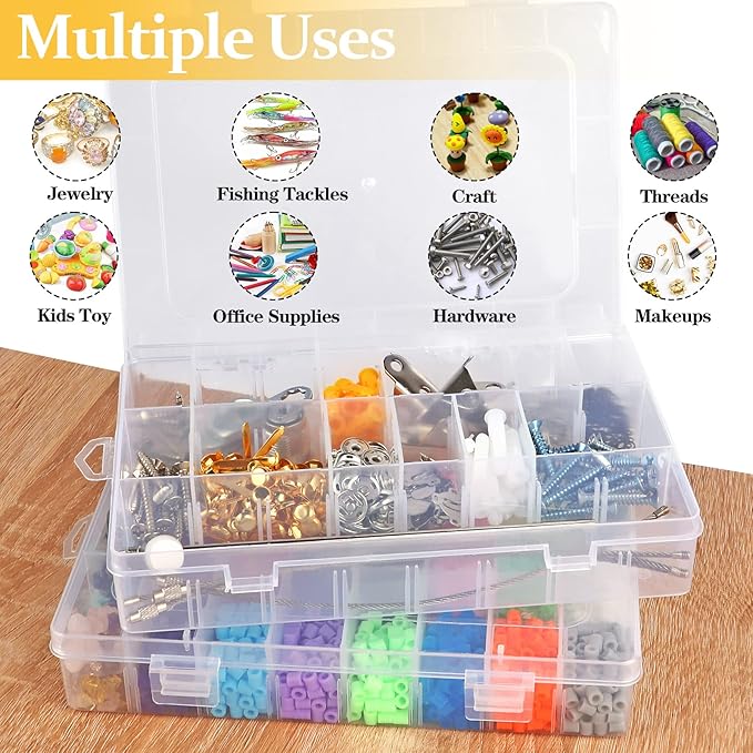 2 Pack 24 Grids Clear Plastic Organizer Box, Storage Container with Adjustable Divider, Craft and Bead Storage Organizer Box for DIY Jewelry Tackles with 2 Sheets Label Stickers