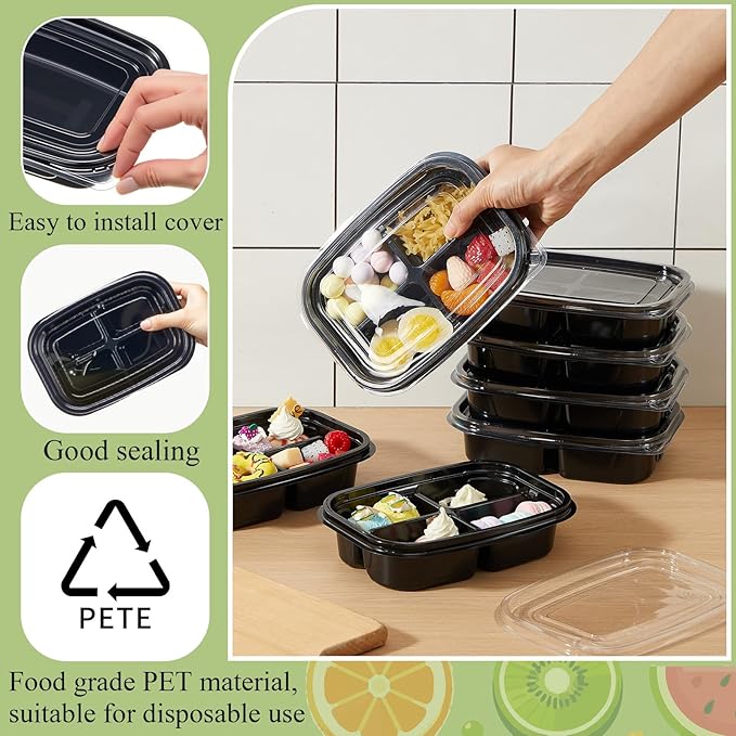 Chunful 36 Pcs 4 Compartment Black Snack Containers with Lids Disposable Bento Box Plastic Food Meal Prep Containers for Condiment Salad Dipping School Work Lunch