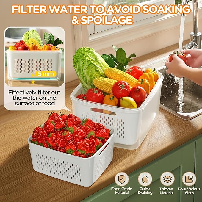 8-Pack Fruit Storage Containers for Fridge, Leakproof Fruit Containers for Fridge with Colanders, BPA-Free Produce Storage Containers with Lids Keep Fruits, Vegetables, Berry, Meat Fresh longer