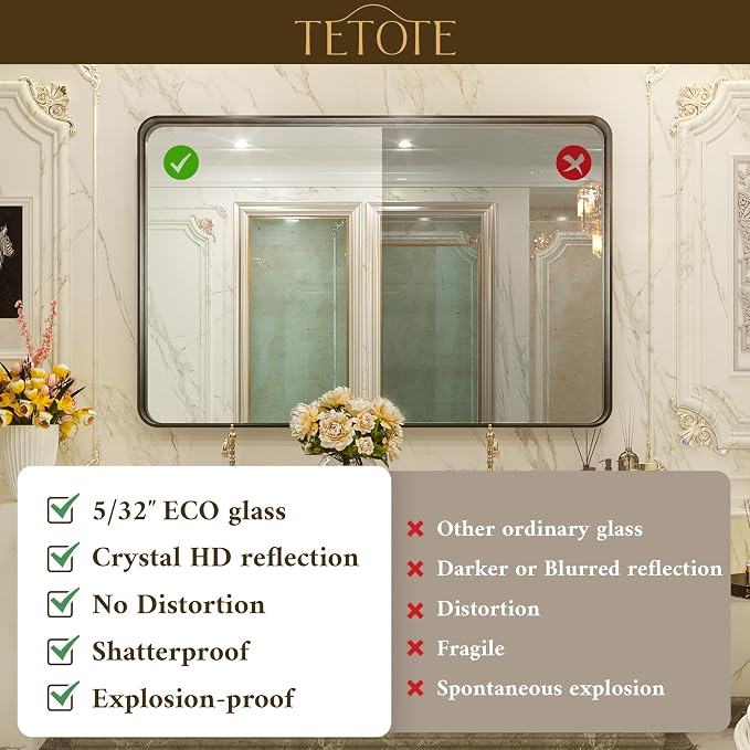 TETOTE 60 x 40 Inch Black Frame Mirror, Bathroom Vanity Mirror - Image 3