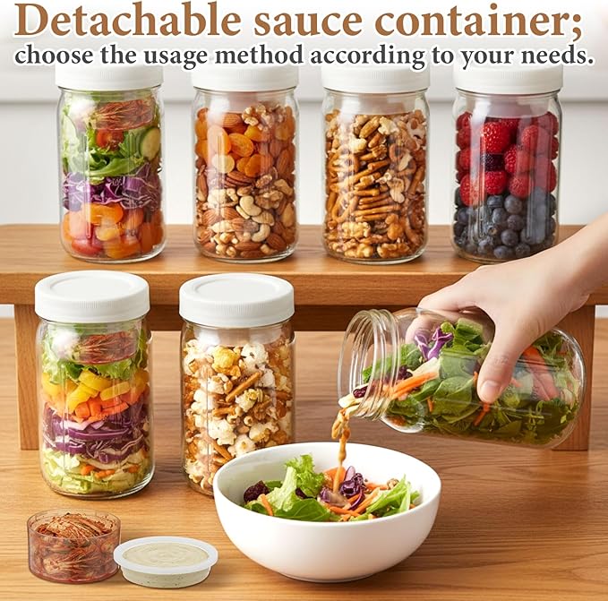 6 Pack 32oz Glass Salad Jars with 2 Dressing Cups & Leak Proof Lids - Meal Prep Containers for Lunch, Wet Dry Separation Container for Work Office Picnic, Overnight Oats(White)