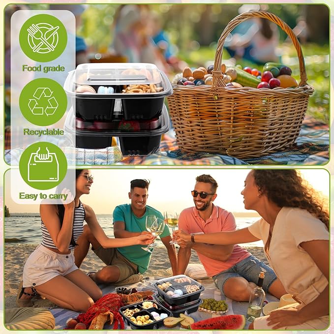 60 Pack 4-compartment Bento Snack Boxes with Lids Divided Lunch Containers for Travel School Camping Outdoor Home (Black)