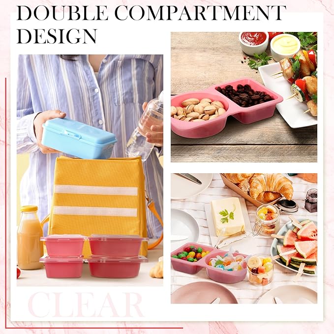 Blushtier 10 Pcs Pack Snack Containers with Lids, 5 oz Double Compartment Plastic Food Containers, Portable Divided Snack Cups for School, Office, Meal Prep, Sauces, Dips, On-the-go Camping (Pink)