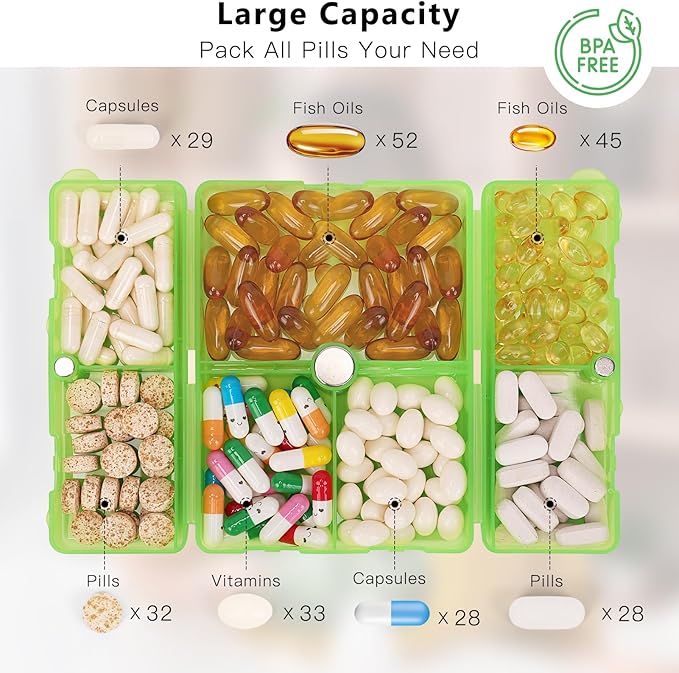 FYY Daily Pill Organizer,7 Compartments Portable Pill Case Travel Pill Organizer,[Folding Design] Large Pill Box for Purse Pocket to Hold Vitamins,Cod Liver Oil,Supplements and Medication-Clear Green