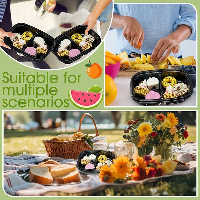 Chunful 36 Pcs 2 Compartment Black Snack Containers with Lids Disposable Bento Box Plastic Food Meal Prep Containers for Condiment Salad Dipping School Work Lunch