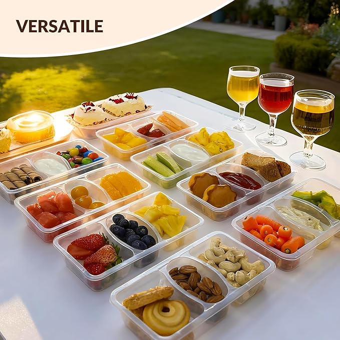HI-REEKE 8 OZ New 3 Compartment Snack Containers, 20 Sets Bigger Reusable Clear Snack Packs Container with Lids