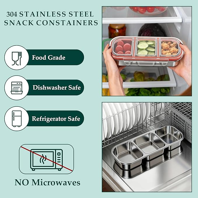 QCQHDU Snack Containers, Reusable Stainless Steel 3 Compartment Condiment Metal Bento Lunch Box with Lids, Divided Snack Food Storage Lunchable Containers for Home, Work, Travel, Camping, 5 Pack