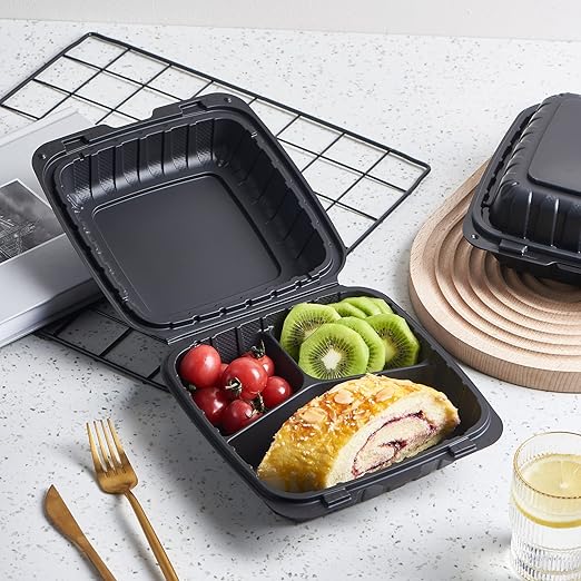 8X8" 3-Compartment 50-Pack Plastic Clamshell Takeout Food Trays Heavy Duty Togo Disposable Box For Pasta Salad Sandwich Carryout Meal Prep Packaging Catering Hinged Containers With Secure Snap Lid