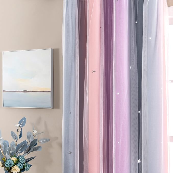 XiDi Curtains for Bedroom Decor, Rainbow GreyPinkPu-52-90 - Image 3