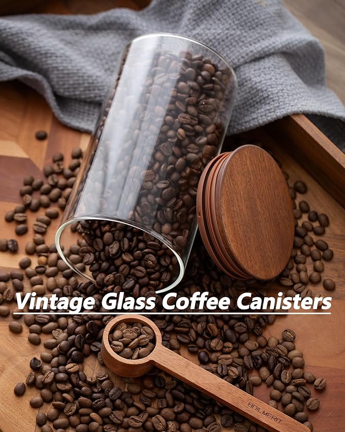 37 oz Coffee Canister with Scoop and Wooden Lids, Airtight Storage Container Sets of 2 for Ground Coffee & Beans, Glass Jars for Coffee Bar Organizer, Kitchen Countertop