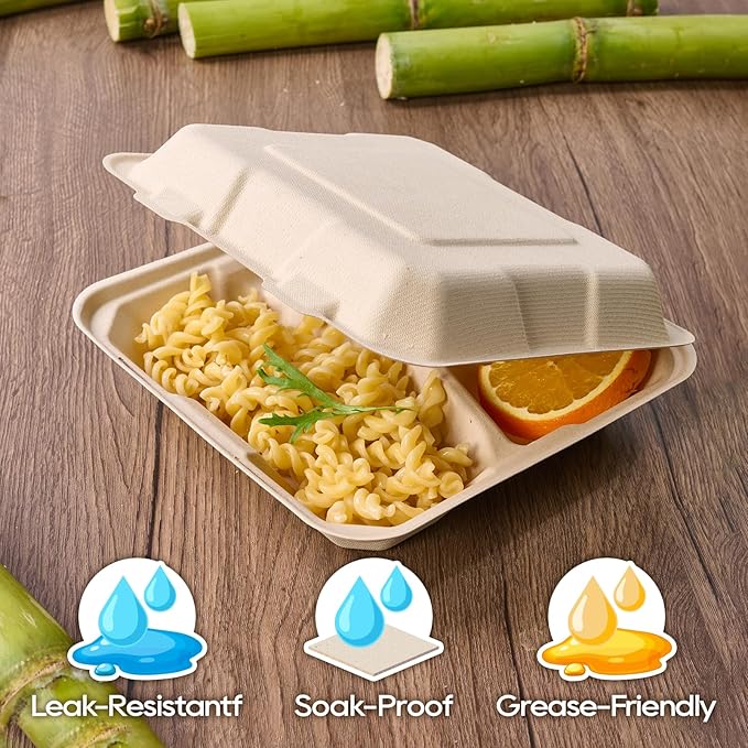 Turbo Bee 100 Pack 8x8inch Natural 3 Compartment Take Out Containers with Lids, Disposable Clamshell Meal Prep Containers, Divided Food Boxes for Food Truck, BBQ, Catering & Lunch