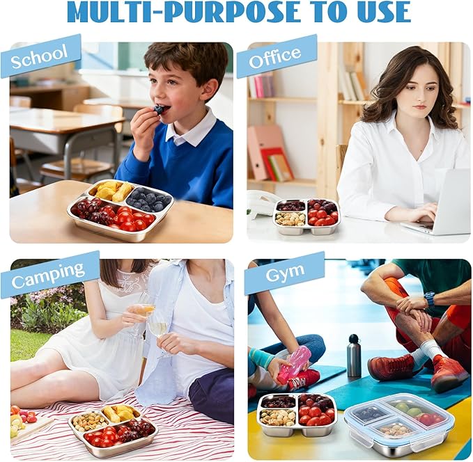 2 Pack Snack Containers for Kids, 3 Compartments Reusable on the go Bento Box with Lids, Stainless Steel Lunch Box Pre Meal Storage for School Outdoor Camping Travel - Blue & Orange