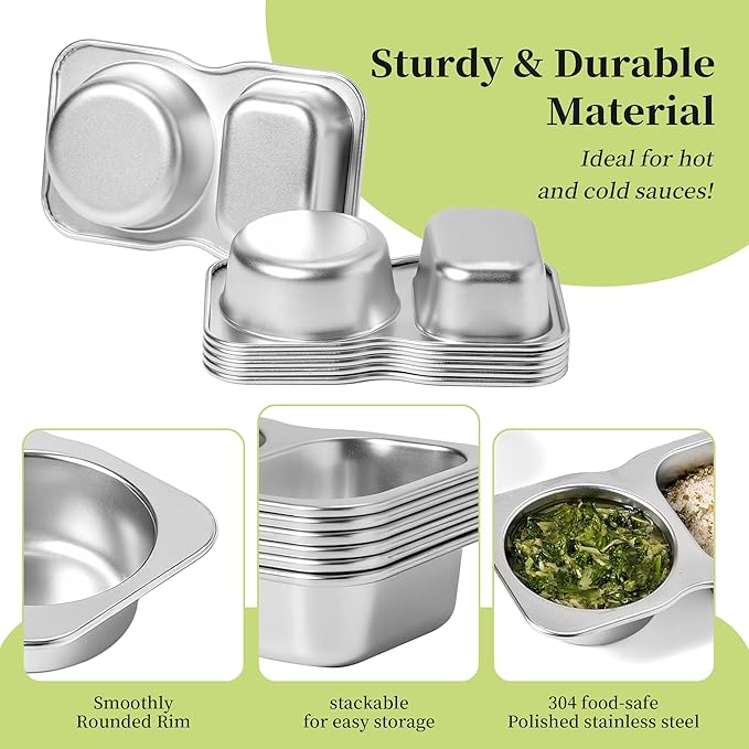 6 Pack Stainless Steel 2-Compartment Small Snack Containers with Lids 5.3oz Lunchable Meal Prep Containers for Adult Reusable Divided Stackable Bento Lunch Box Accessories for Home Travel