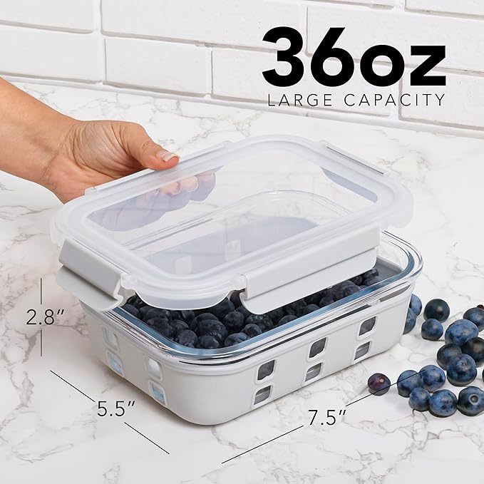 ECOBERI 4.5 Cup Glass Meal Prep Containers with Lids & Silicone Sleeves, 5-Pack Airtight, Leak-Resistant Food Storage Containers for Fridge, Freezer, Oven & Microwave (Blue-Peach)