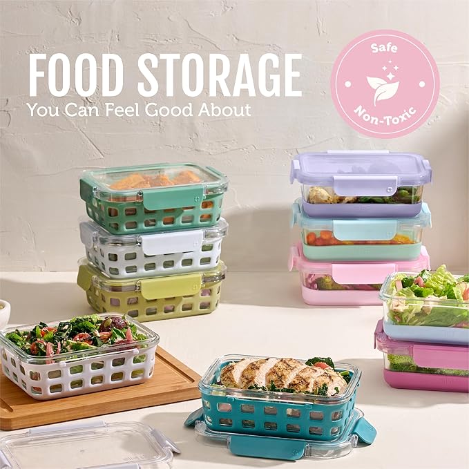 Ello Duraglass 3.4 Cup Meal Prep Sets 10Pc, 5 Pack Set- Glass Food Storage Container with Silicone Sleeve and Airtight BPA-Free Plastic Lids, Dishwasher, Microwave, and Freezer Safe, Meadow