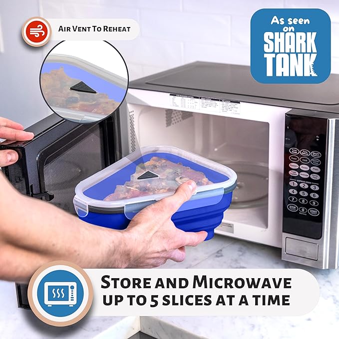 PIZZA PACK The Perfect Reusable Pizza Storage Container with 5 Microwavable Serving Trays - BPA-Free Adjustable Pizza Slice Container to Organize & Save Space, 3 Pack, Blue