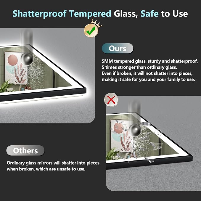 40x38 Black Framed LED Bathroom Mirror - Image 8