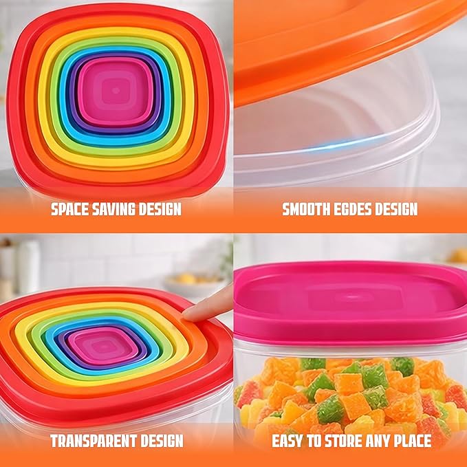 ARSUK 14PCS Nesting Plastic Food Storage Container Set with Airtight Leakproof Lids (7 Lids & 7 Containers) - Space Saving, BPA-Free Stackable Kitchen Storage - Freezer Safe & Microwavable