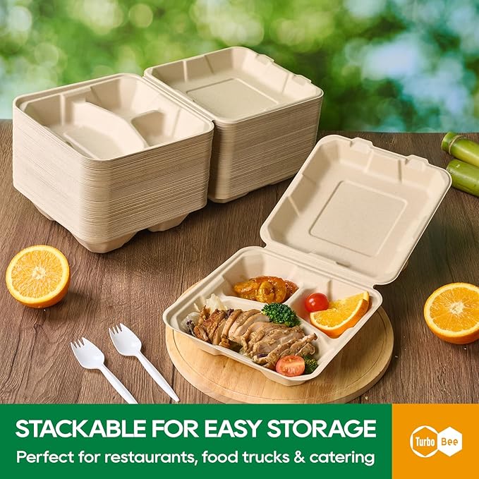 Turbo Bee 100 Pack 8x8inch Natural 3 Compartment Take Out Containers with Lids, Disposable Clamshell Meal Prep Containers, Divided Food Boxes for Food Truck, BBQ, Catering & Lunch